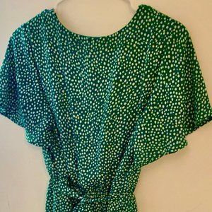 Wrap around green, polka dot dress